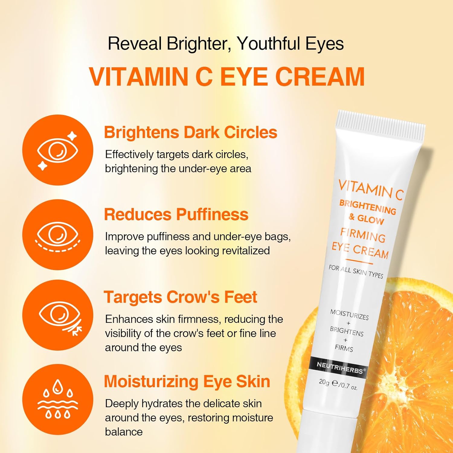 Neutriherbs Eye Cream Vitamin C Eye Gel for Dark Circles, Eye Bags, Puffiness, Eye Massage Under Eye with Hyaluronic Acid, 20g e/0.7 oz. - Image 2