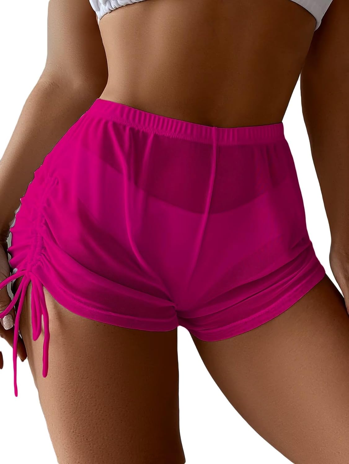 Women's Drawstring Side Mesh Sheer Beach Summer Cover Up Shorts Bikini Bottoms - Image 2