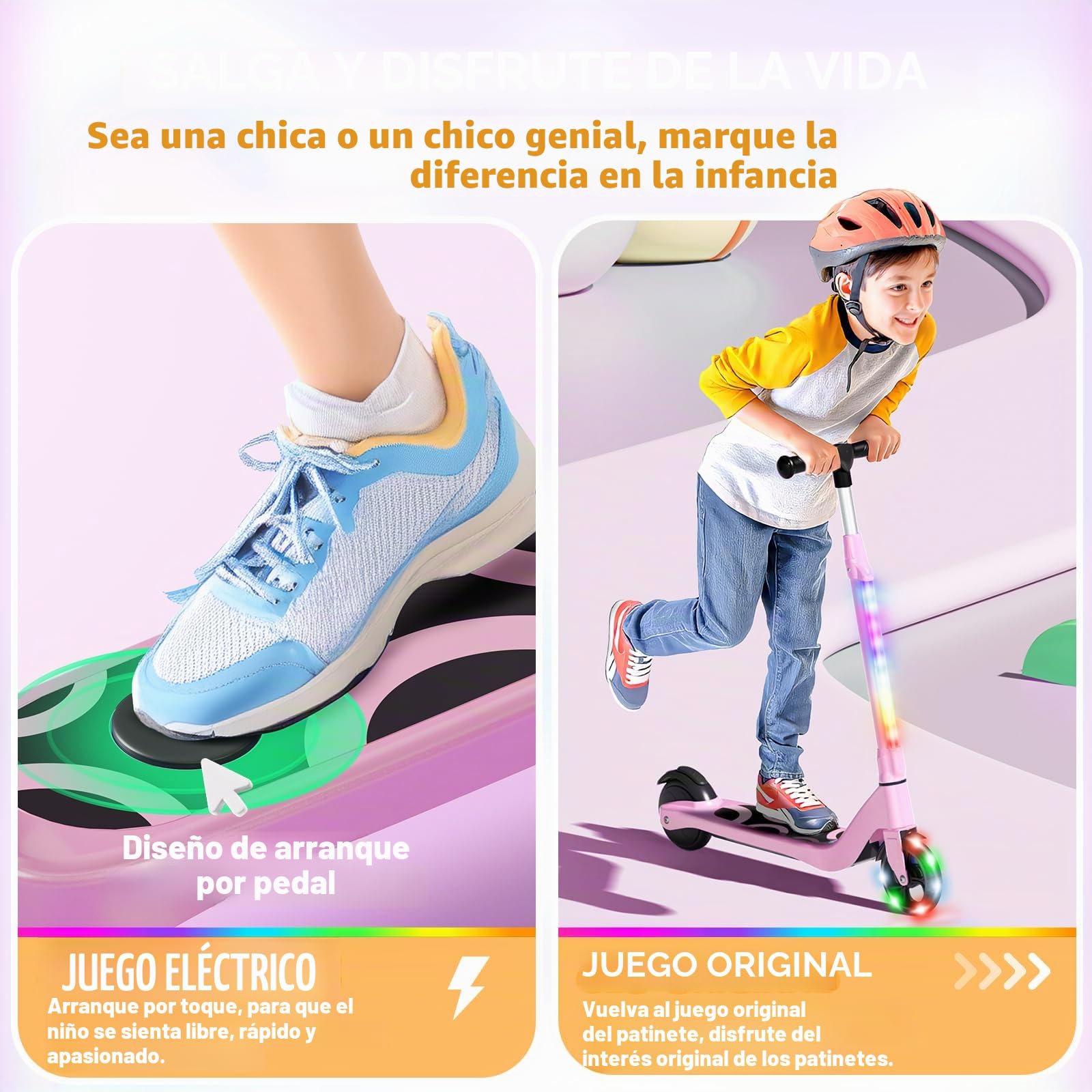 SISIGAD - Patinete eléctrico Infantil de 6 a 8 a 10 años, eléctrico para niños, 5,3 Pulgadas, con luz LED Colorida y 3 Alturas Ajustables, Scooter eléctrico para niños, Carga máxima 70 kg, Velocidad