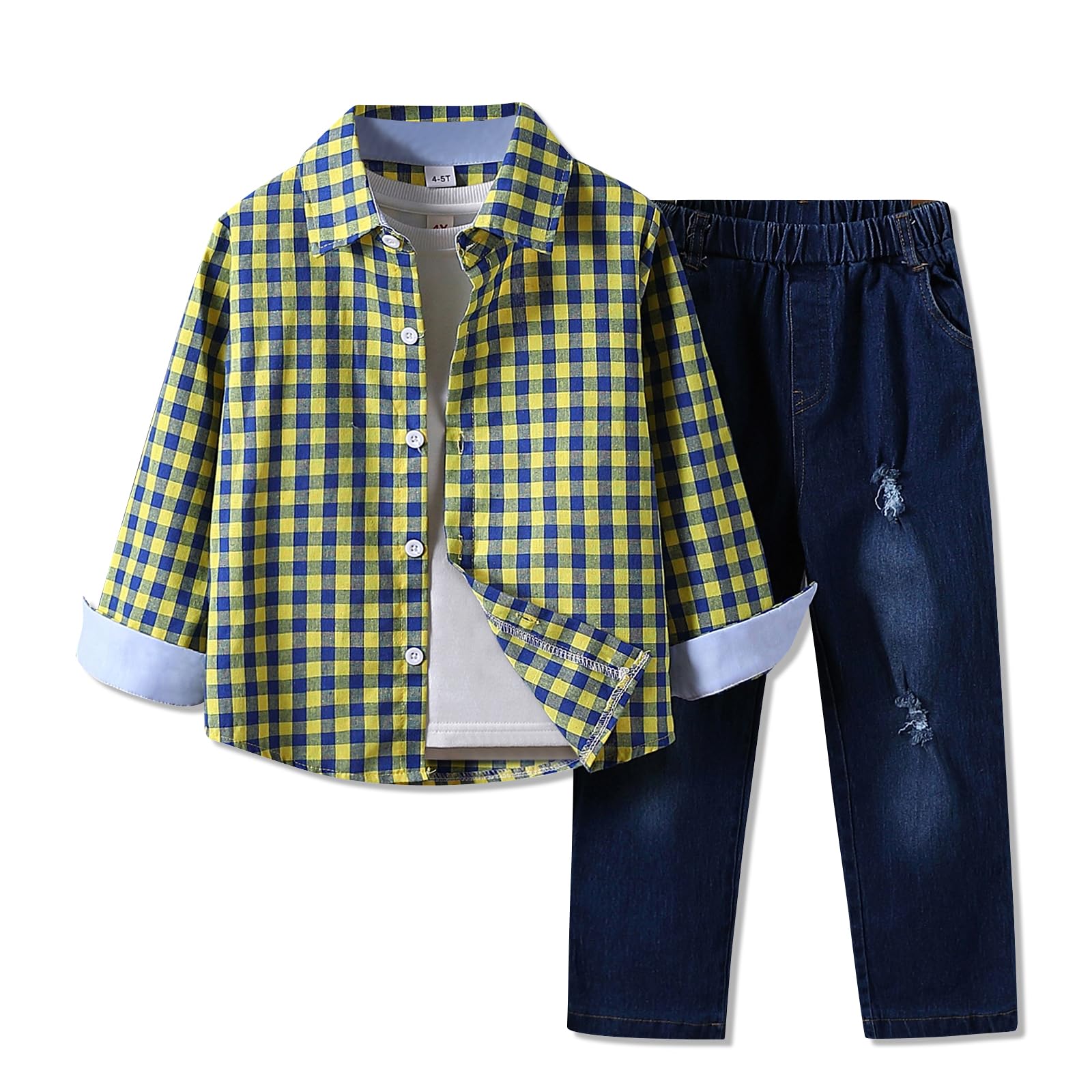 Voxikidio Casual Outfit: Plaid Shirt & Denim Jeans Set for Toddler Boys (Ages 4-8)