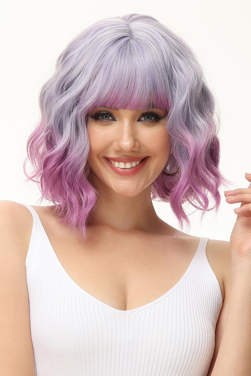 Luxiremi Perücken Lila Spezial Kurze Schulter Länge Lockig Gewellt Perücke Bob mit Pony Synthetische Cosplay Perücke für Damen
