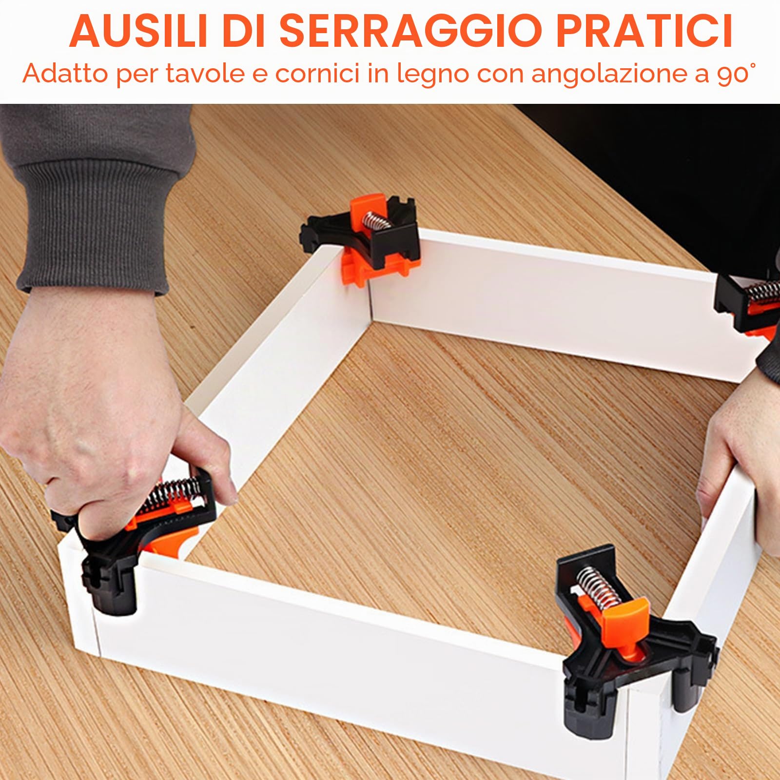 Set di 4 Morsetti Angolari 90° per Legno, Campo 5–22 mm | Squadra di serraggio per falegnameria, mobili e cornici