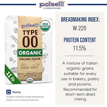 POLSELLI Organic Flour, Italian Tipo 00, Unbleached Flour,11 lb (5 kg) | Double Zero Flour, 100% Italian Wheat flour for Pizza, Pasta & Bread, Unbromated, No Additives, No Enzymes Added