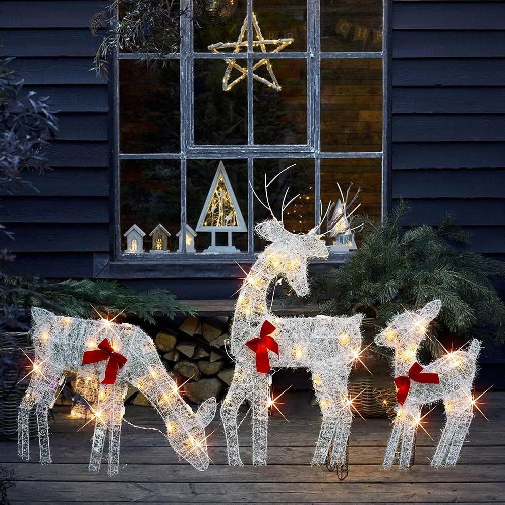 3 Pièces de Rennes de Noël Éclairés en 2D, Décorations Extérieures en Métal Blanc Pré-Éclairé Illuminent Le Traîneau de Noël Rudolph et Le Père Noël avec des Lumières