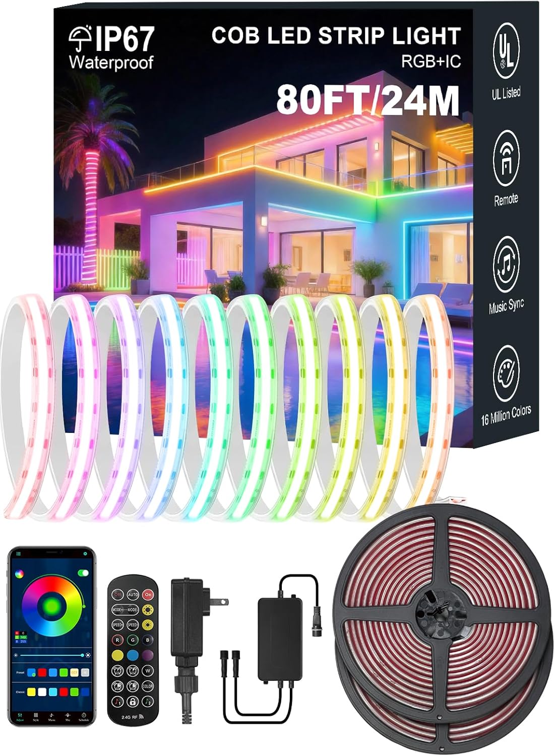 80FT COB RGB IC Outdoor LED Strip Lights Waterproof, Multicolor IP67 Outside Flexible UL Listed 24V with App Remote Control,Music Sync Exterior Rope Lights for Patio, Eave, Party Decorations(2 Roll)