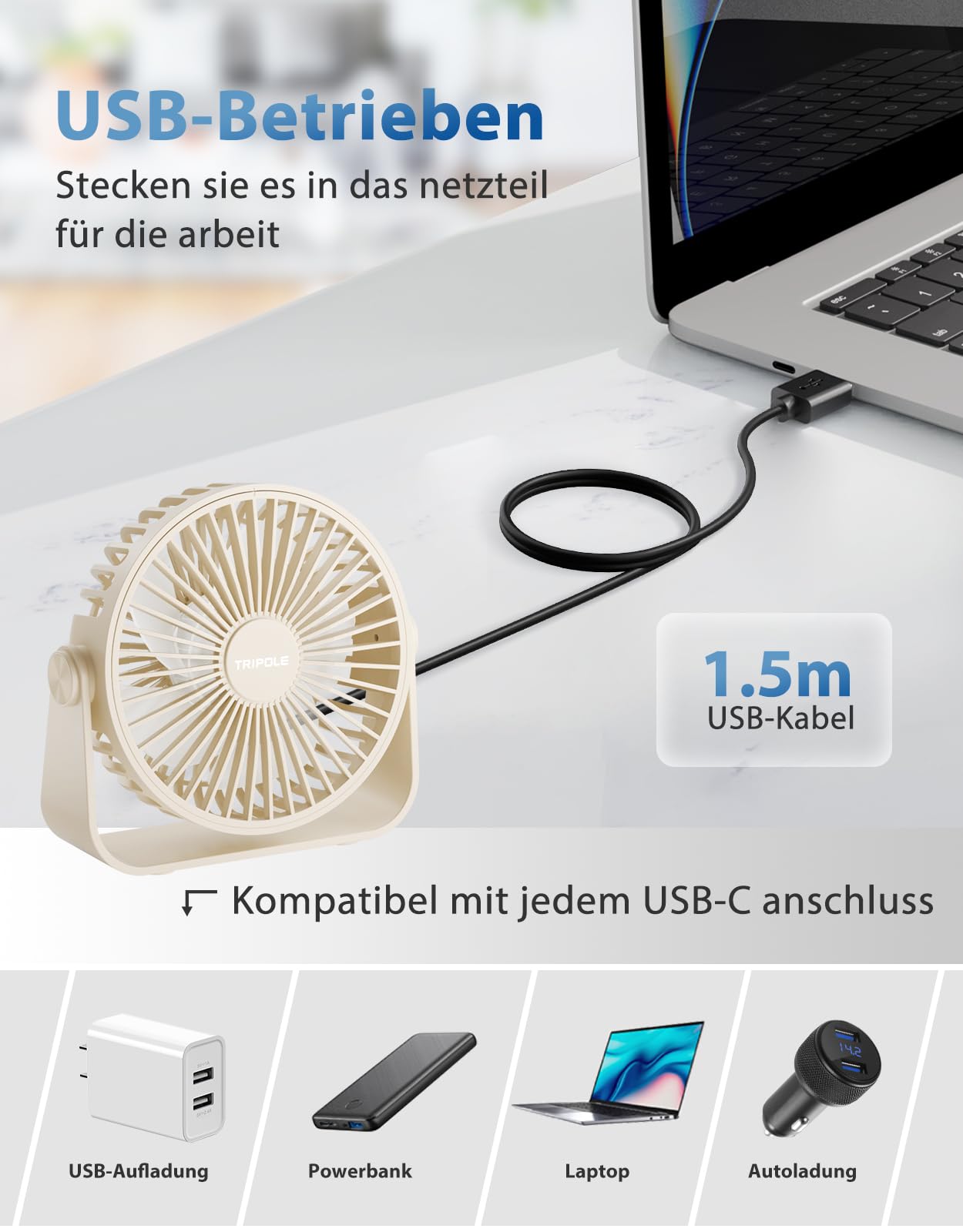 TriPole USB Desk Fan, 3 Speed Adjustable Strong Wind Table Fan - Image 3