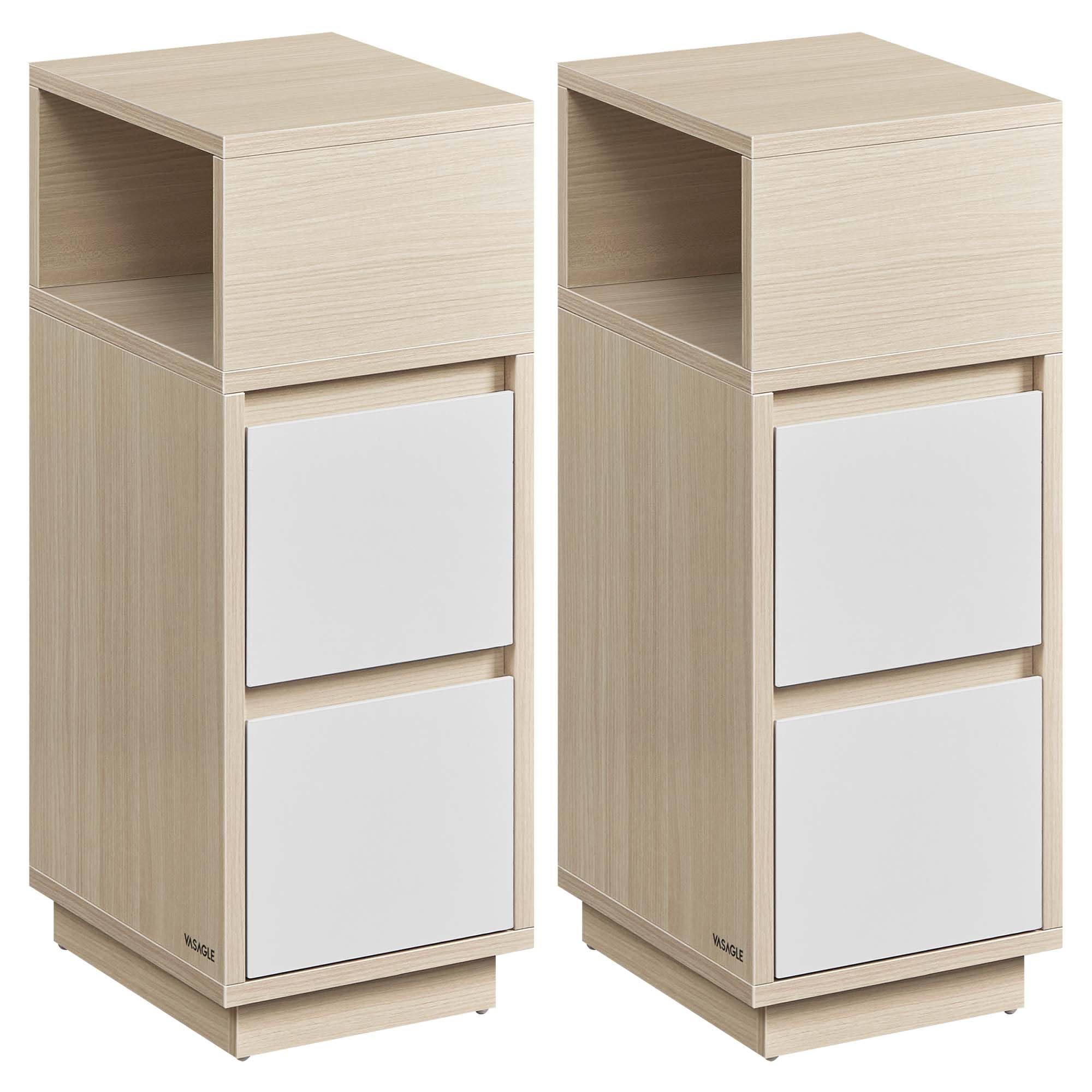 VASAGLE Kailyn Colección - Juego de 2, Mesita de Noche Estrecha, Mesa Auxiliar con 2 Cajones, Encajable a la Izquierda o a la Derecha, Dormitorio, Salón, Beige Natural y Blanco Nube LET856N01V1