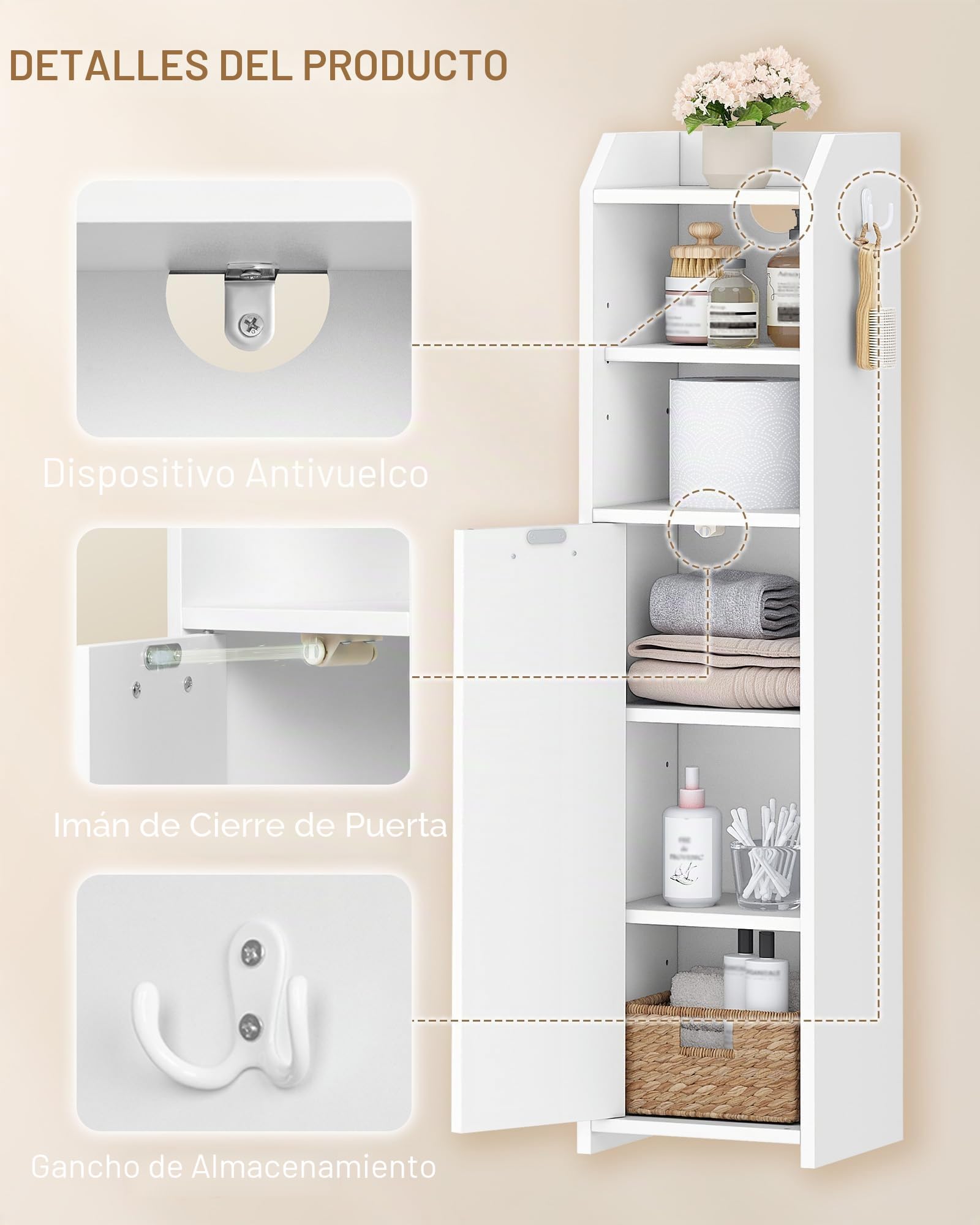 Hzuaneri Mueble de Baño, Armarios Baño Estrecho con Gancho, Estantes Ajustables, Espacio de Almacenamiento Abierto, para Espacios Reducidos, Salones y Rincones, 20 x 20 x 90 cm, Blanco BC22903X