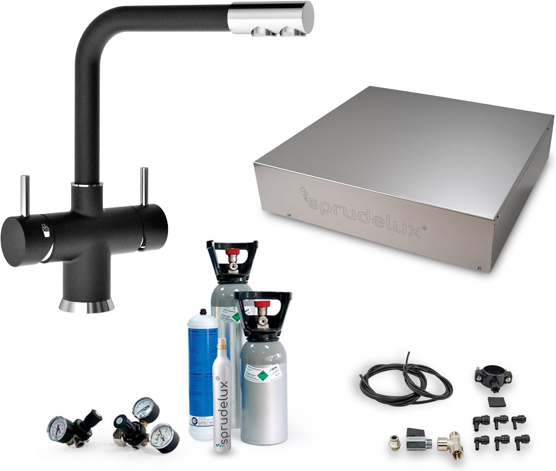 SPRUDELUX® Inox Ultra Flat WiFi Under-Sink Drinking Water System Including 5-Way Fitting Nobius L-Spout, Professional Water Carbonator | Sparkling Mineral Water | Onyx, 2 kg CO2 Bottle)