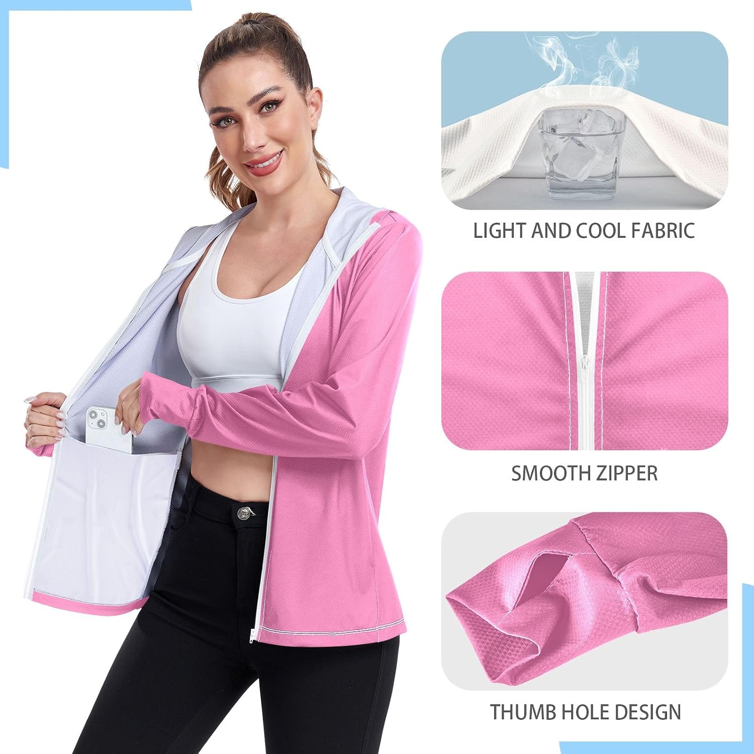 ODAWA Womens Upf Hoodie Spinel Red Lightweight Full Zip Running Jacket Womens Spf 50 Shirts Long Sleeve Lightweight