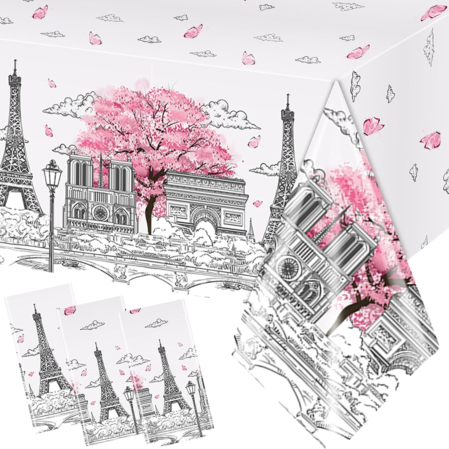 Paris Themed Party Decorations with Paper Plates Napkins Tablecloth