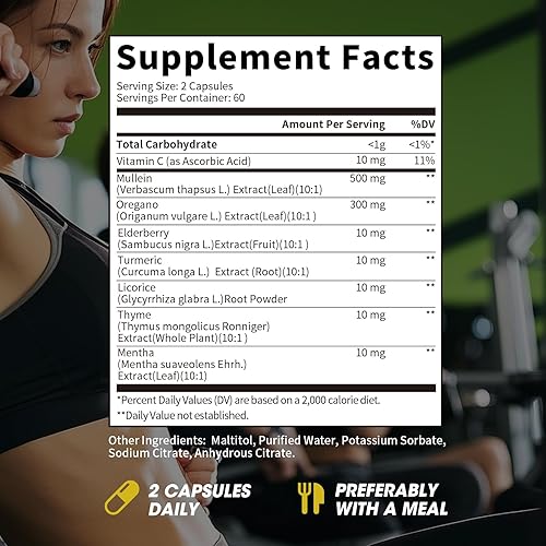 Miniatura 8 de Mullein Cápsulas de aceite de orégano para pulmones desintoxicante 7 en 1 puro extracto de hoja de gordolobo, saúco, cúrcuma, menta para apoyo