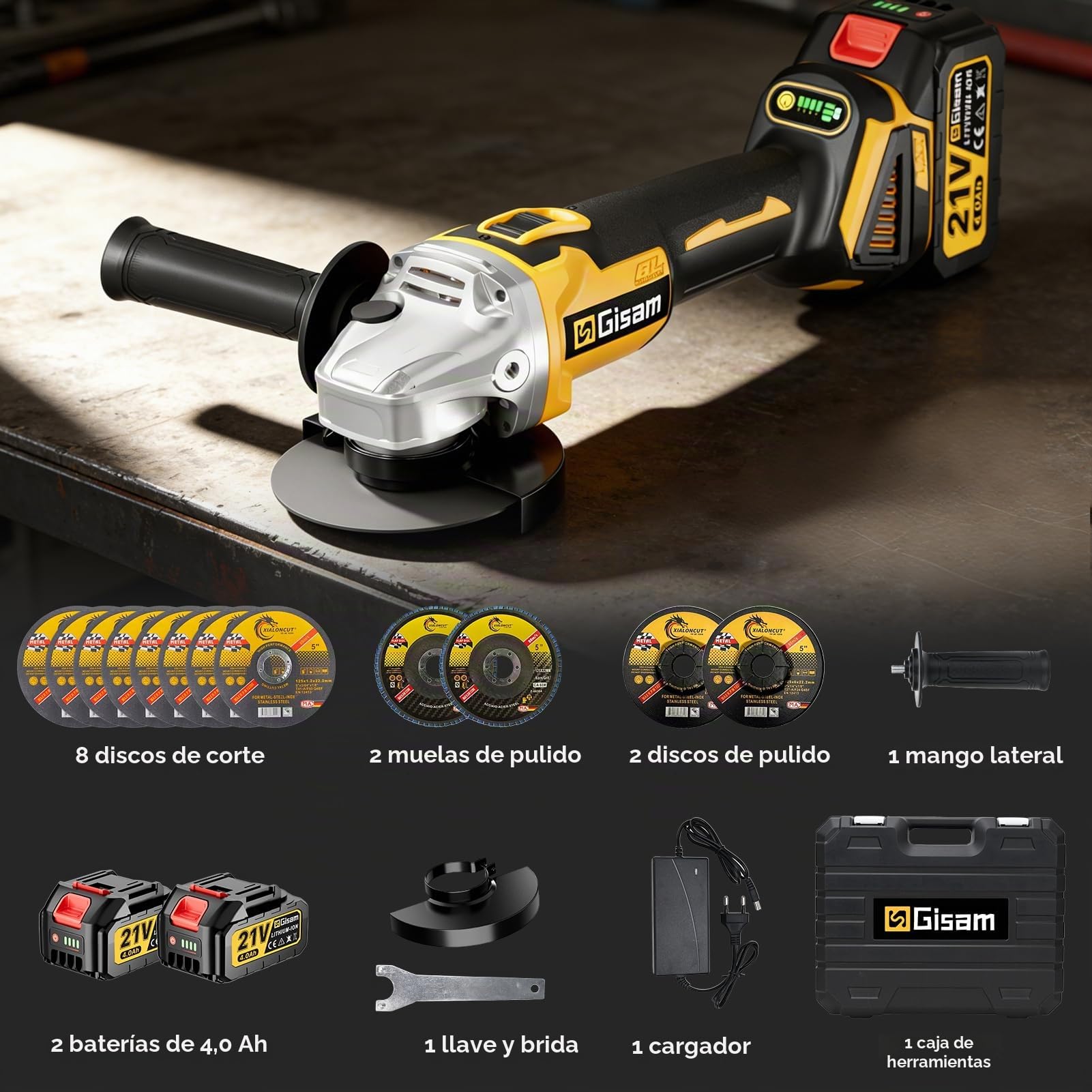 Gisam Amoladora Angular a Batería, 21V Amoladora Bateria inalámbrica con 4000 mAh, Motor sin Escobillas 12000RPM, Ø de disco 125 mm, 12 Discos para Crtar y Amolar con Precisión