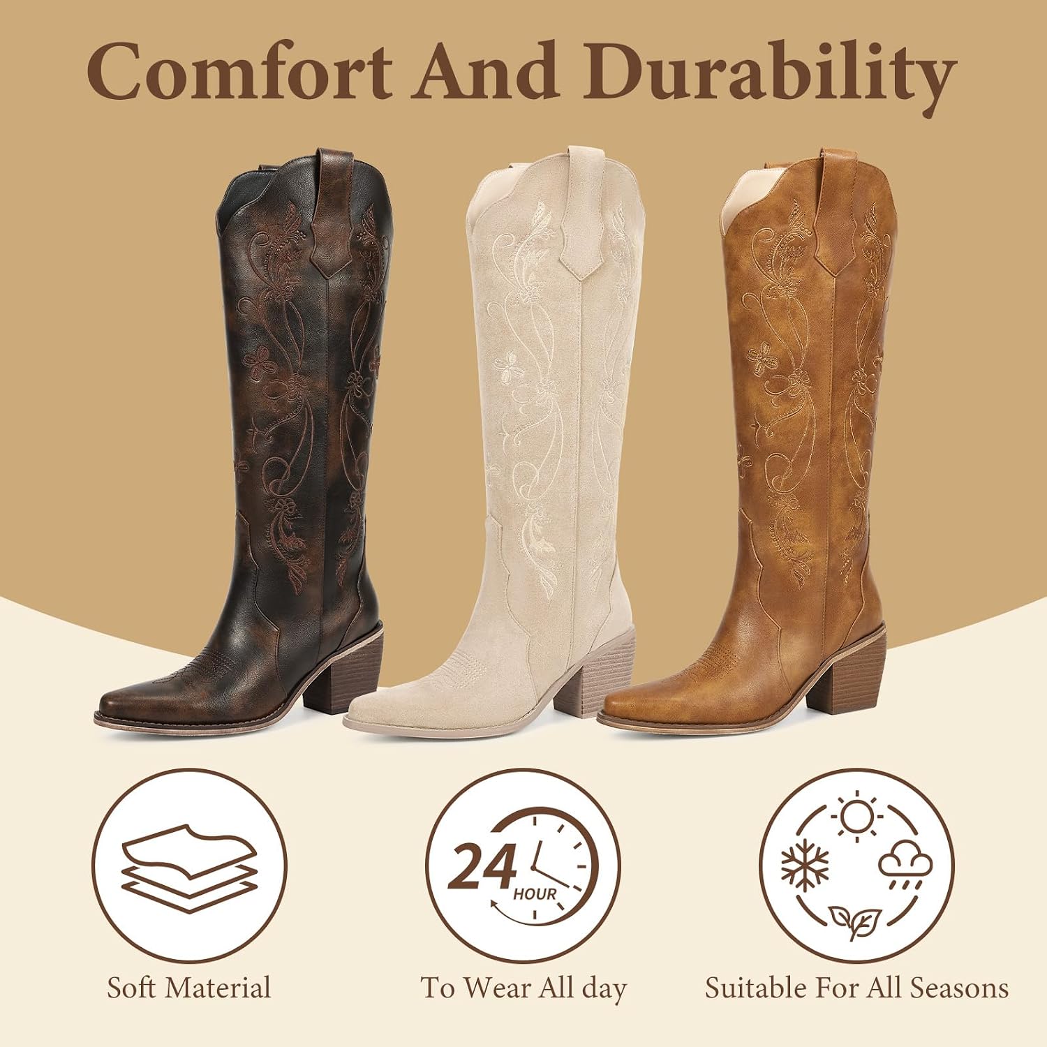 wetkiss Women Cowboy Boots Knee High Comfort Vintage Floral Embroidery, Retro Pointed Toe, Block Chunky Heel, Pull On Tabs, Ladies Western Cowgirl Boots