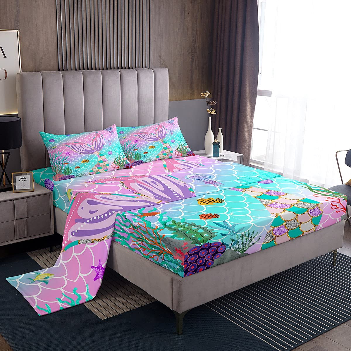 Mermaid Tail Fitted Sheet,Kids Fish Scales Bed Sheets Twin,Girly Rainbow Sheet Set Ocean Life Sea Animal Top Sheet Teal Sequins Pastel Pink Paillette