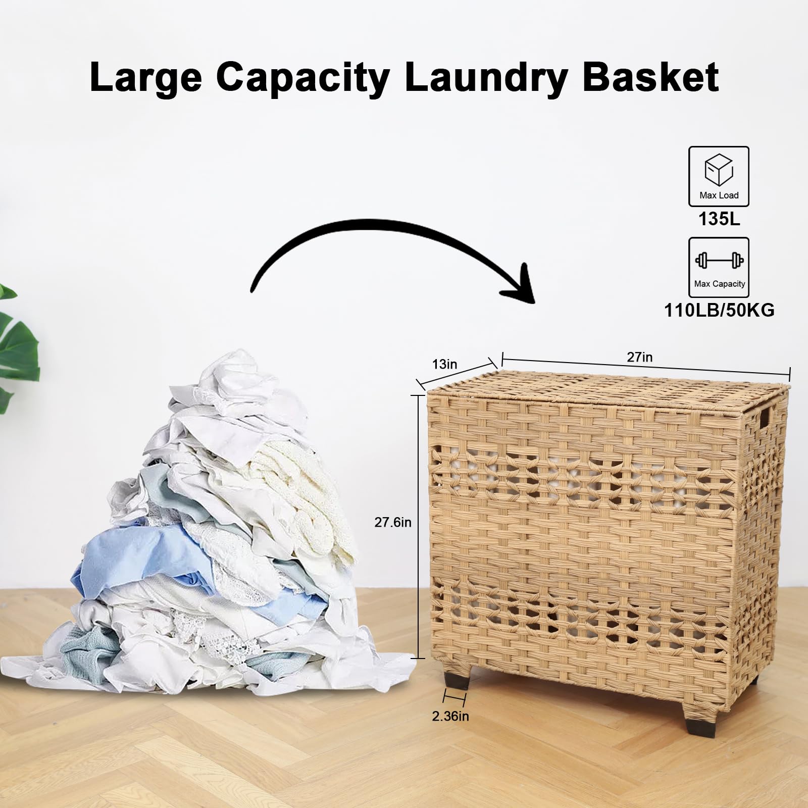 OIAHOMY Cesto Portabiancheria Con Coperchio, 140 L, Con