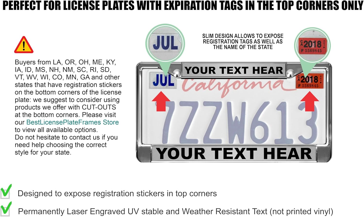 Custom Personalized Black Powder-Coated Metal Laser Engraved Standard Size - Car/Automobile License Plate Frame with Free caps - Red/White Text (Qty: 1 Frame)