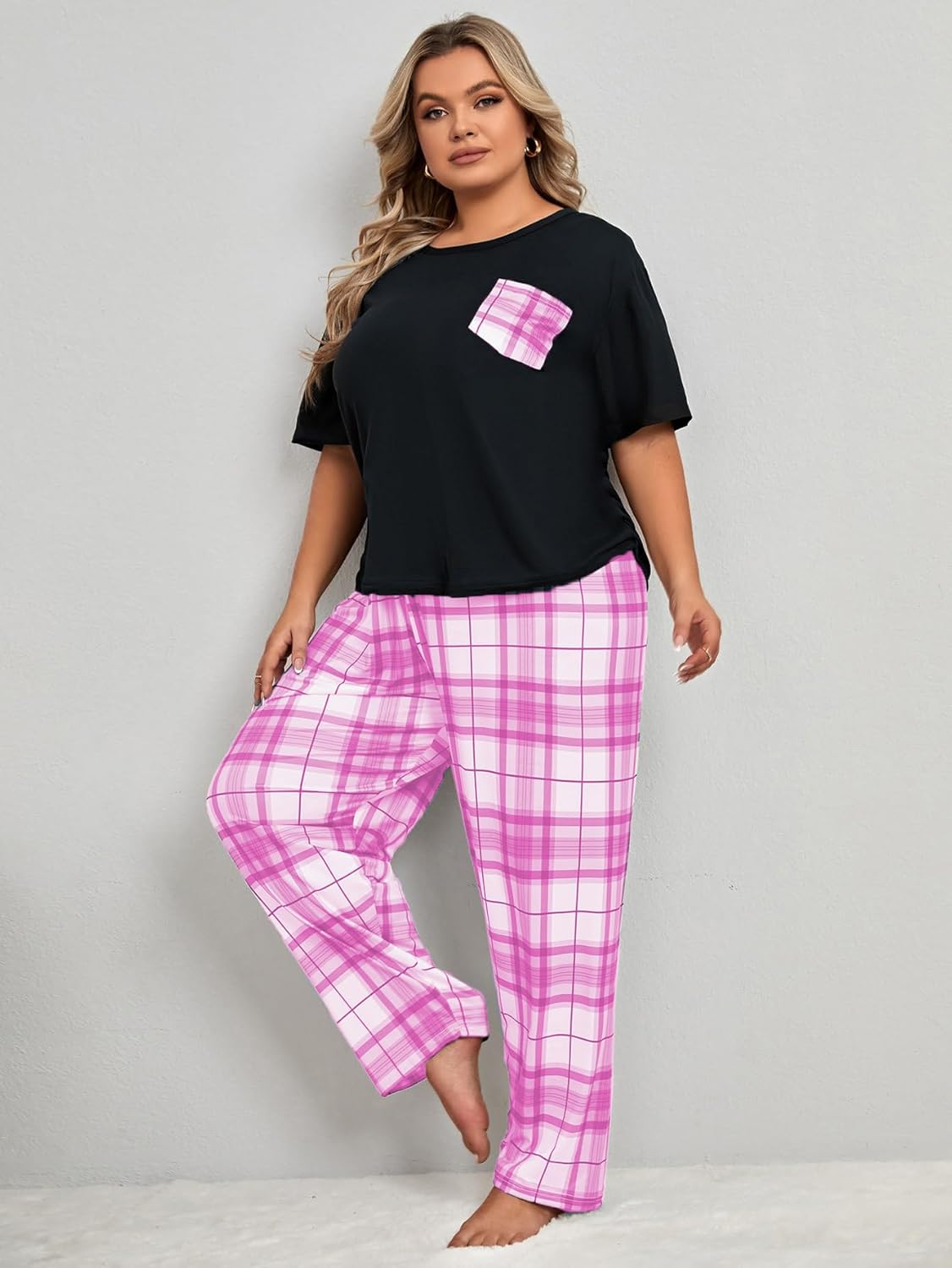 OYOANGLE Women's Plus Size 2 Piece Pajama Set Short Sleeve Shirt with Long Pajama Pant - Image 5