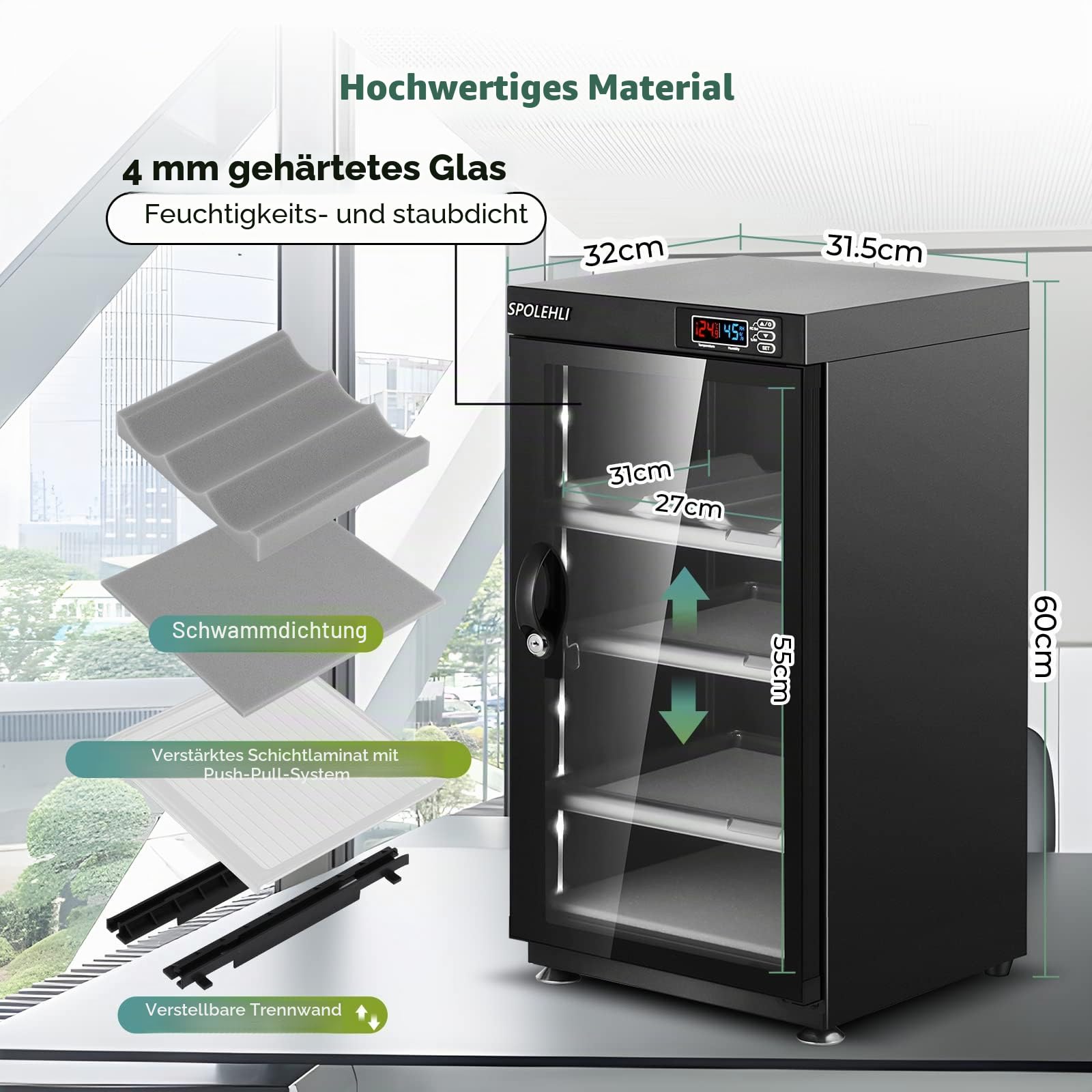 Trockenschrank Kamera Digital Control Luftentfeuchter 55L Elektronische Trockenbox mit LED-Leuchten Geräuschlos & Energiesparend für Kameraobjektiv & Elektronische Geräte Lagerung