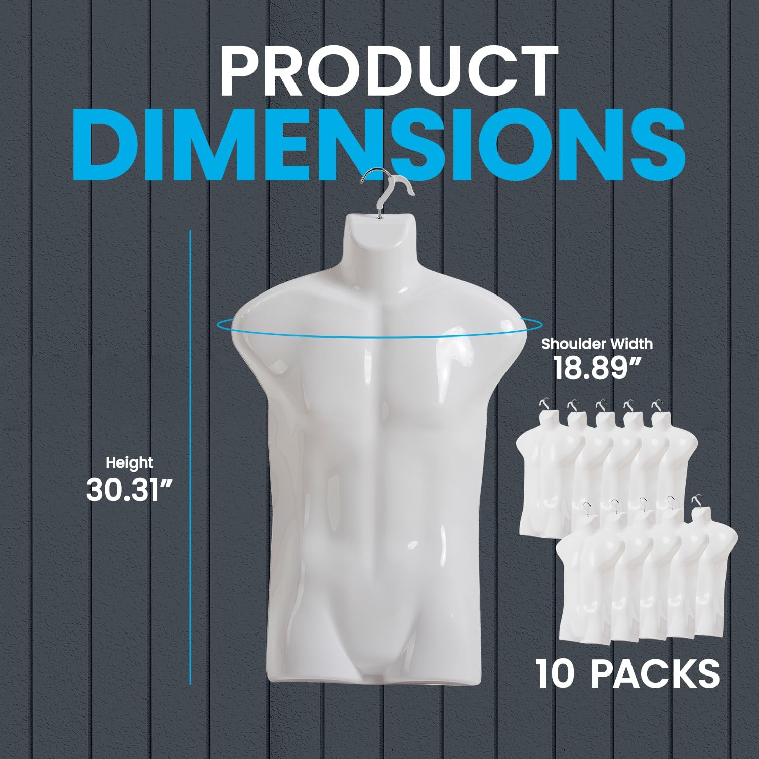 Topmaster Premium Male Shirt Holder - Durable Male Mannequin Torso, Lightweight and Portable Half Body Shirt Holder With Hanging Hook, White, Pack of 10
