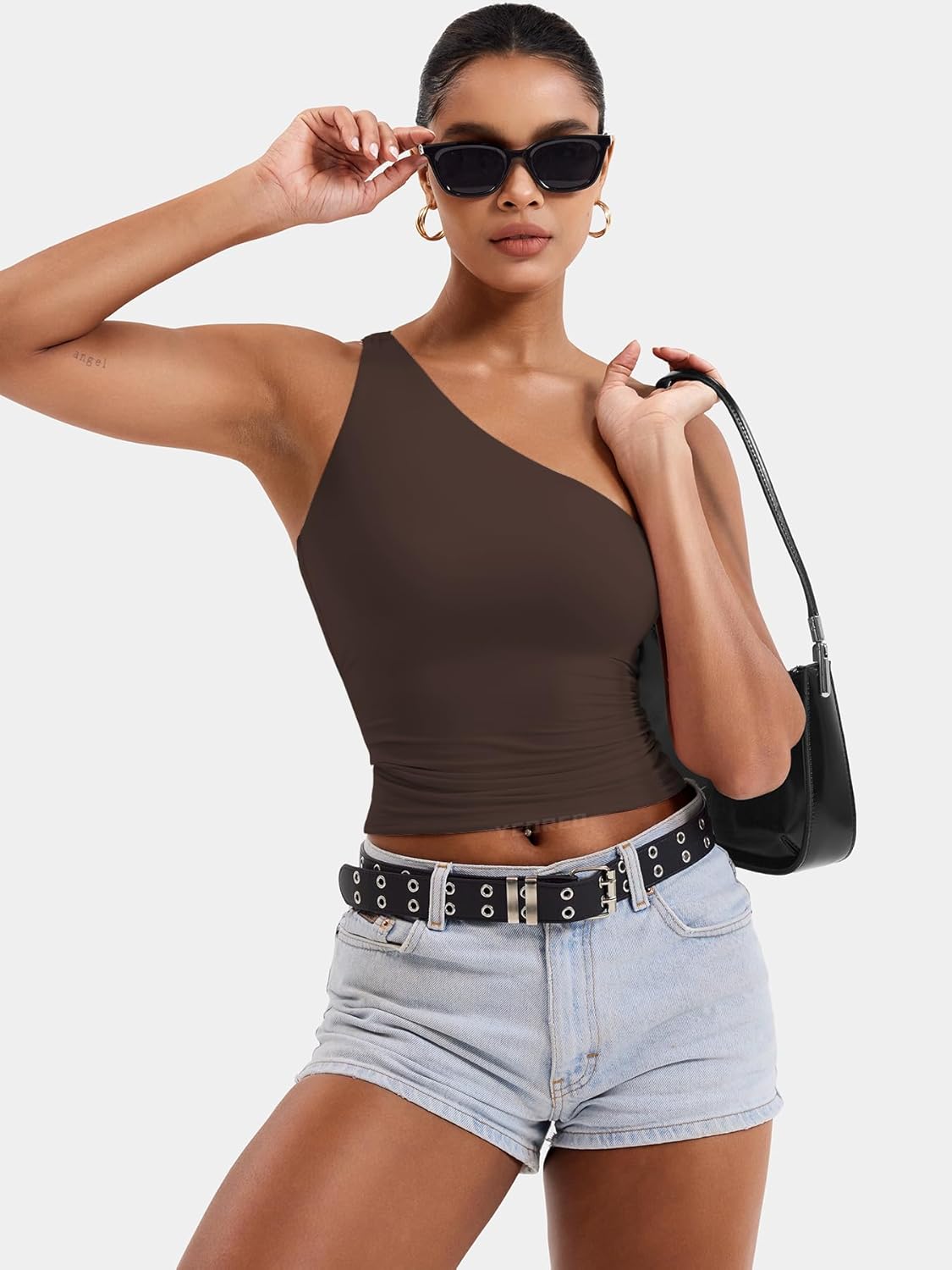 YEOREO Womens One Shoulder Tops Sleeveless Going Out Tank Top Fanciy Double Lined Cropped Tee Y2K Summer Shirts Slim Fit - Image 5