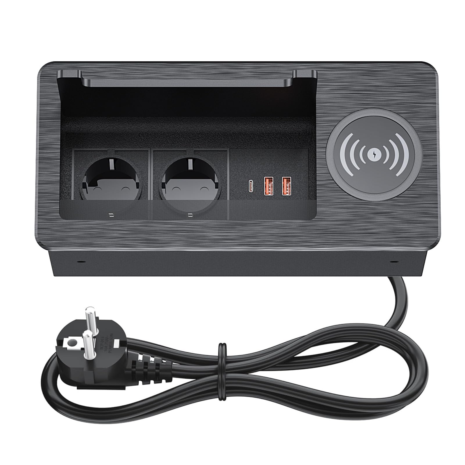 Ciabatta elettrica a scomparsa a 2 prese con 2 USB-C PD 20 W e 1 USB-A, presa da incasso in alluminio con cavo da 2 m, colore nero