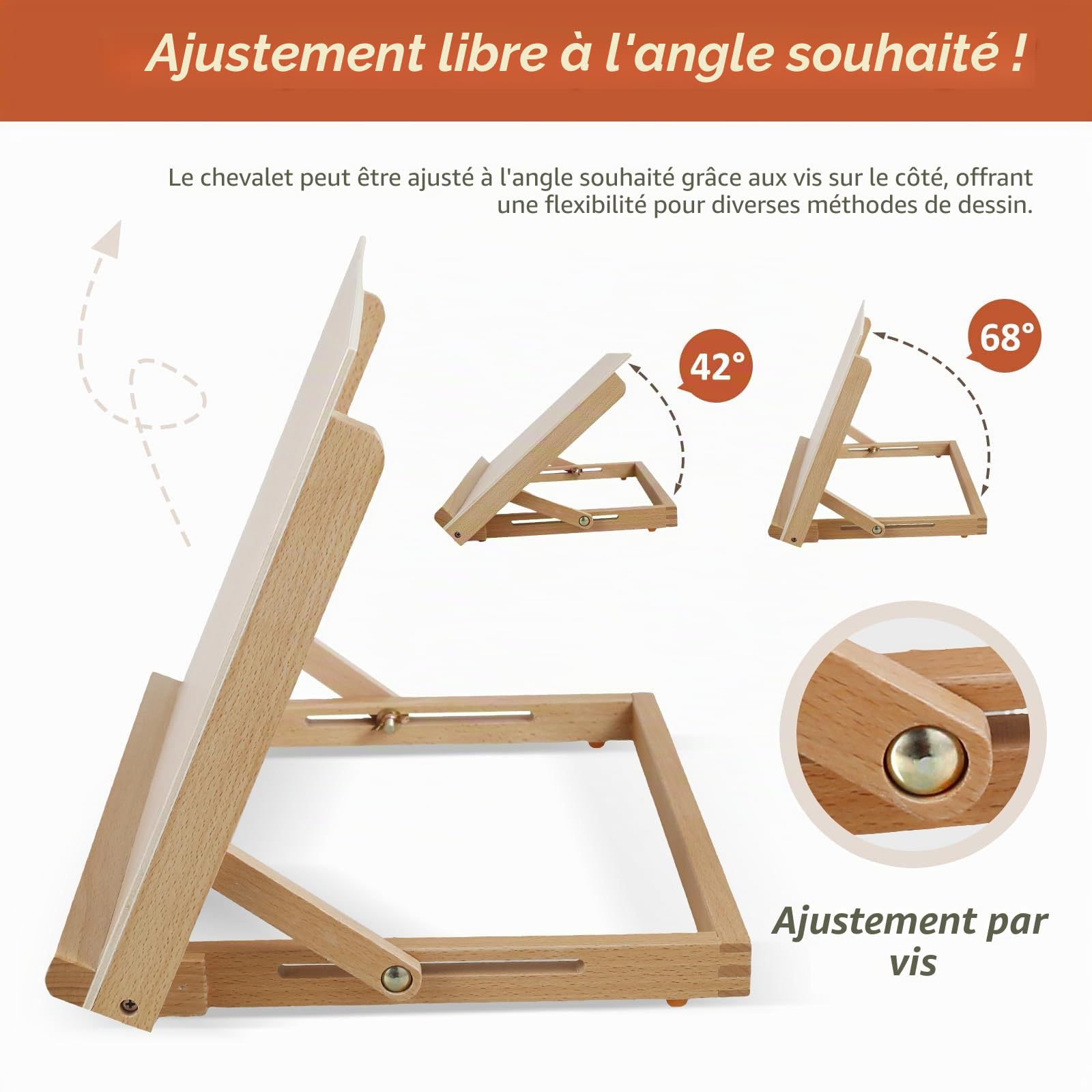 Chevalet de dessin pour artistes, format A3, en bois de hêtre massif, pour bureau, 42,9 x 32 x 6 cm, angle réglable, pliable, pour artistes, débutants, étudiants