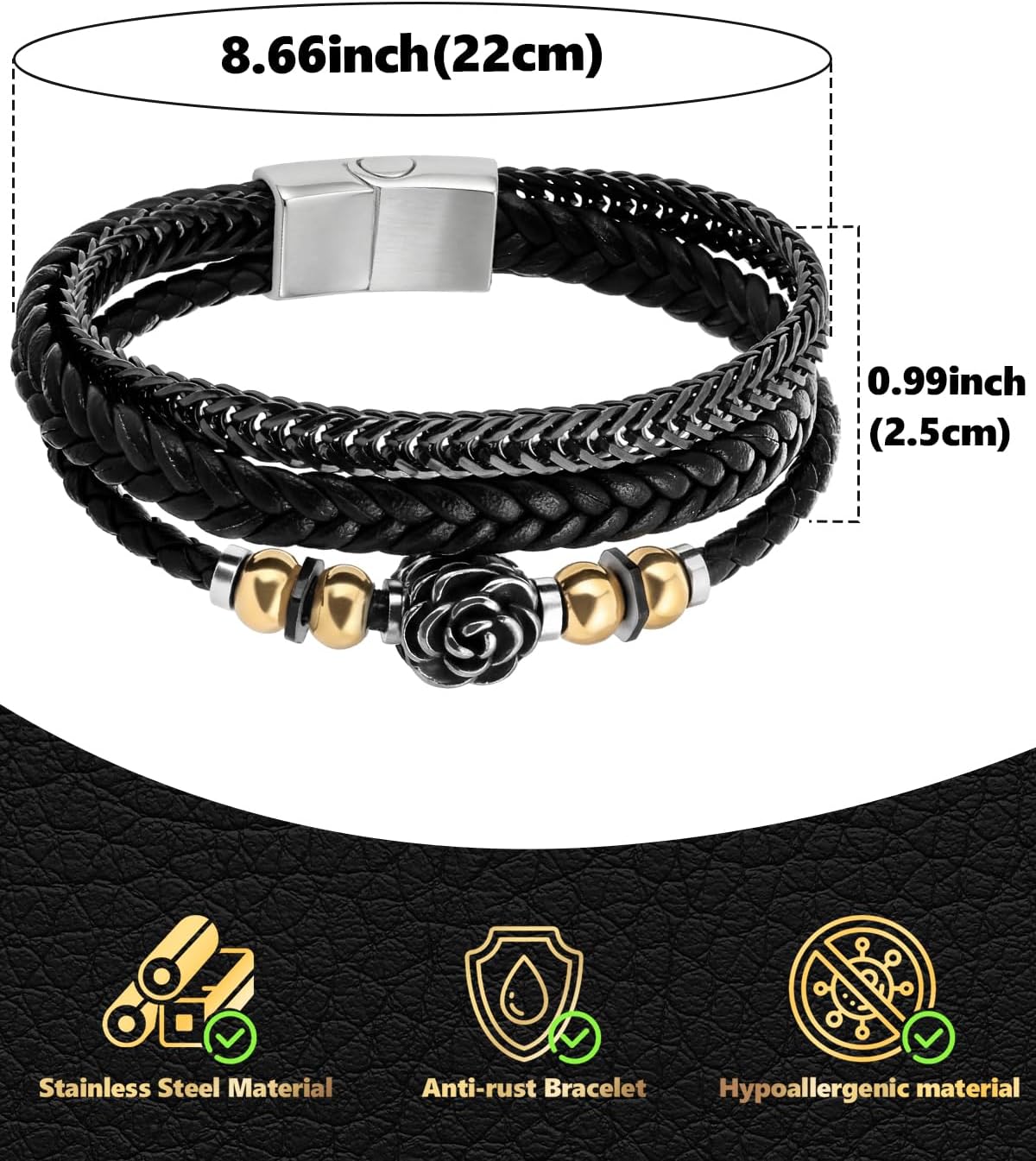 Black Leather Bracelet with Stainless Steel Clasp Vintage Multi-Layer Leather Rope Braided Knot Beads Cuff Bracelet or Men and Women Active Daily Wear