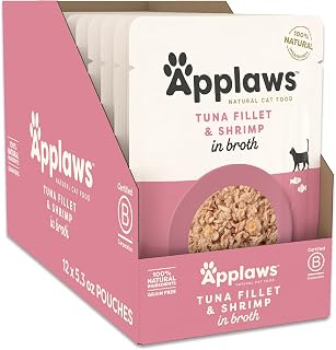 Applaws Tuna Fillet & Shrimp in Broth Wet Cat Food 12-Pack 5.3 oz Pouches | 100% Natural, High Quality Protein, Limited Ingredient, Grain Free, No Fillers, No Artificial Additives
