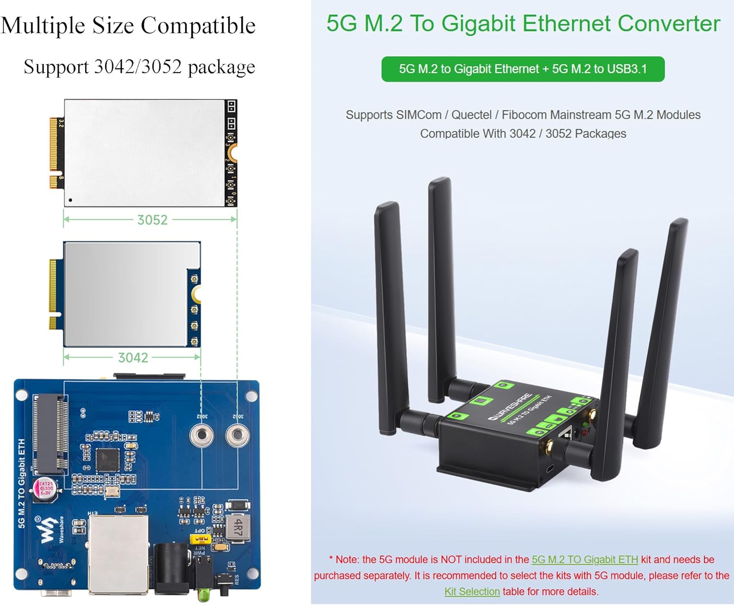 5G M.2 to Gigabit Ethernet Converter 5G M.2 to Gigabit Ethernet + 5G M.2 to USB3.1, Quad Antennas,Aluminum Alloy Case Wall-Mount Support, Onboard M.2(NGFF) Key B Interface USB3.1 Port