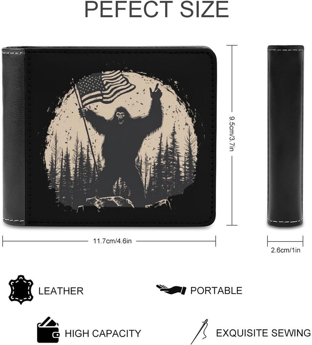 Bigfoot Holding U.S Flag Slim Mens Leather Wallet Money Clip Single-sided Print Bifold Purse With 6 Credit Card Holders