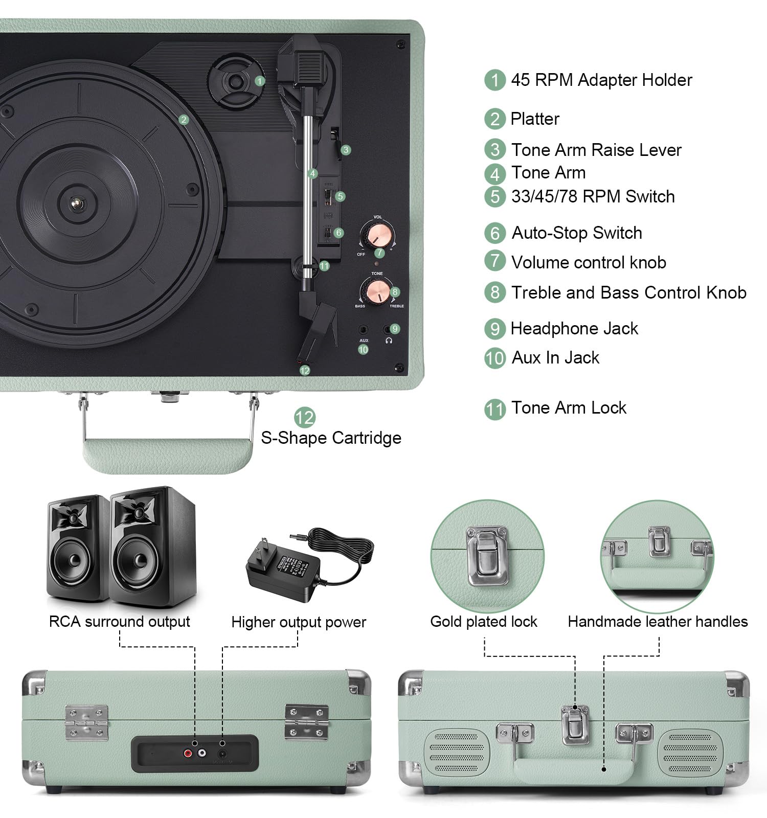 Plattenspieler, 3 Geschwindigkeiten, Bluetooth, tragbarer Koffer, Vinyl-Phonograph mit integriertem Bass und Lautsprechern, LP-Player mit Riemenantrieb, unterstützt AUX-Eingang