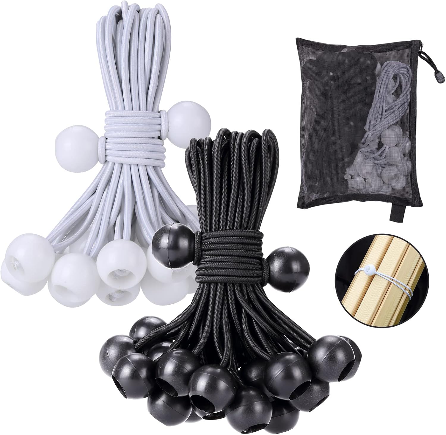 Ball Bungee Cords 4in ,50 PCS Tarp Bungee with Balls,Black and White Heavy Duty Canopy Tarp Tie Cords, Rubber UV Resistant Bungee Balls for Tent Poles Camping Shelter Projector Screen Cargo