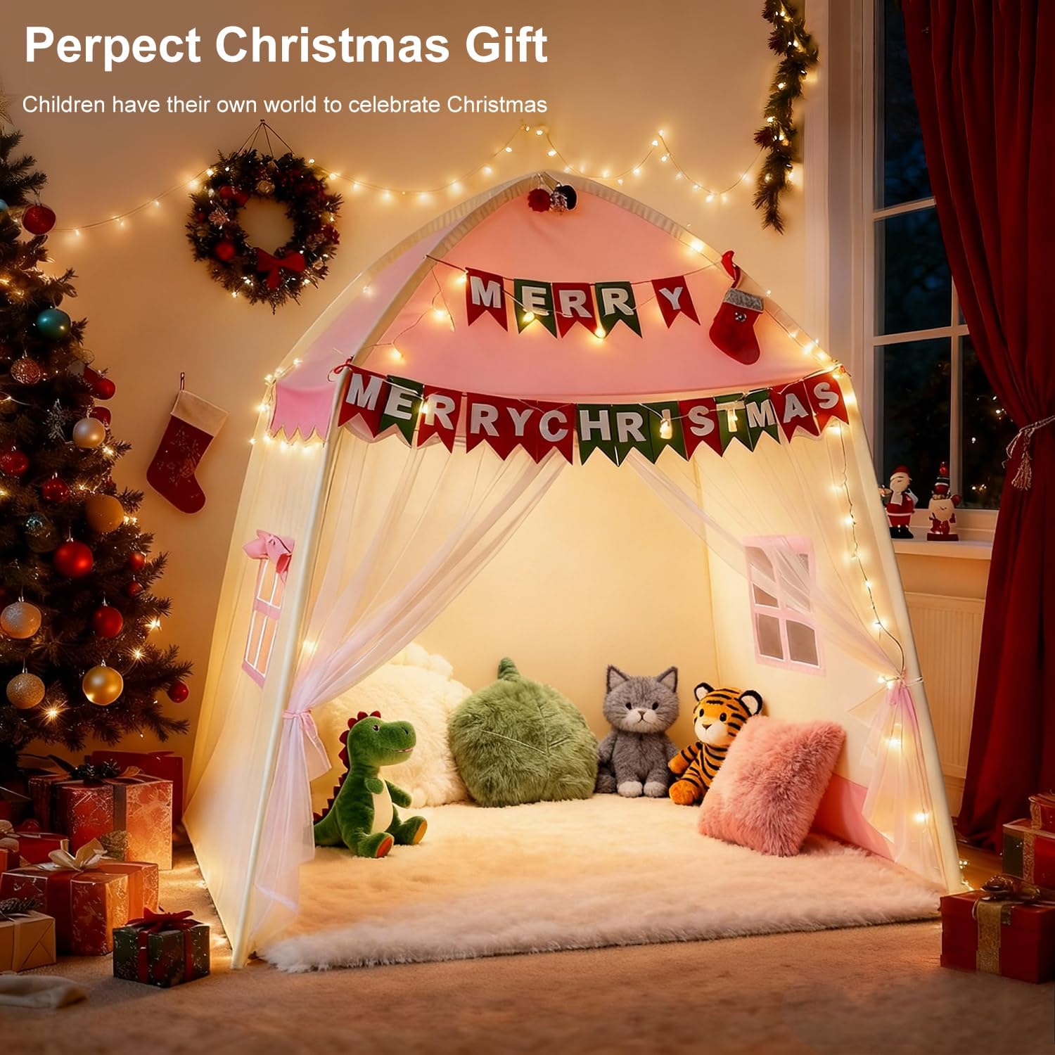 Kids Play Tent Indoor Teepee: Princess Castle Reading Nook with Mat Lights Carry Bag Mesh Windows Quick Setup for Bedroom Playroom Girls Ages 3-12 - 59x39x59 in Pink