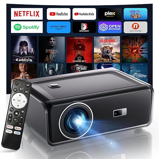 【Compatible with Netflix/High Brightness】Smart Projector with WiFi 6 and Bluetooth 5.3, 4K Outdoor Movie Projector with Auto Focus & Keystone, Dolby Audio, Portable Mini Proyector for Bedroom/Home