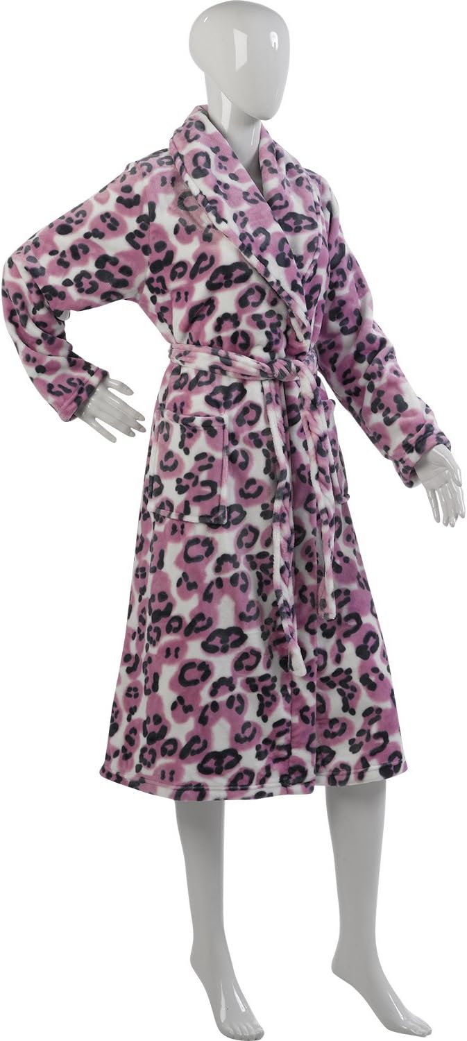 Ladies Luxurious Slenderella Leopard Print Dressing Gown Soft Mink Fleece (S-XL Mink, Pink)
