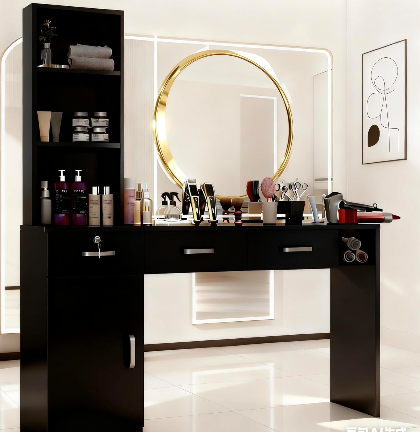 Barber Salon Station for Hair Stylist, Salon Wall Mount Station with Barber Cabinet and Barber Desk, Hair Salon Stations Equipment with Holders, Drawers, Beauty Station Without Mirror