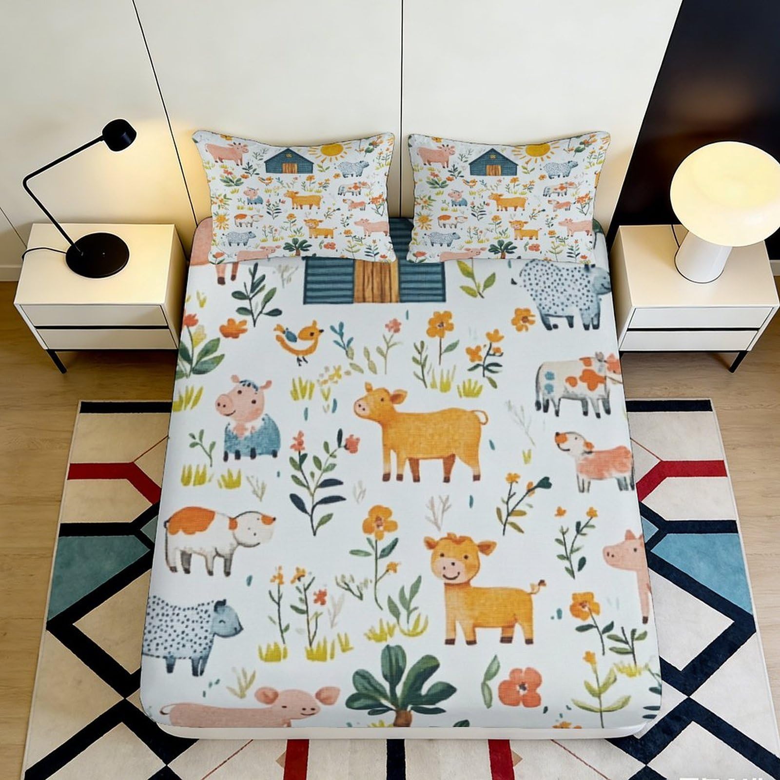 3D Printed Farm Animals Fitted Sheet Microfiber Soft Floral Pasture Bed Cover for Bedroom Dorm Mattress Decor 90x200x25cm