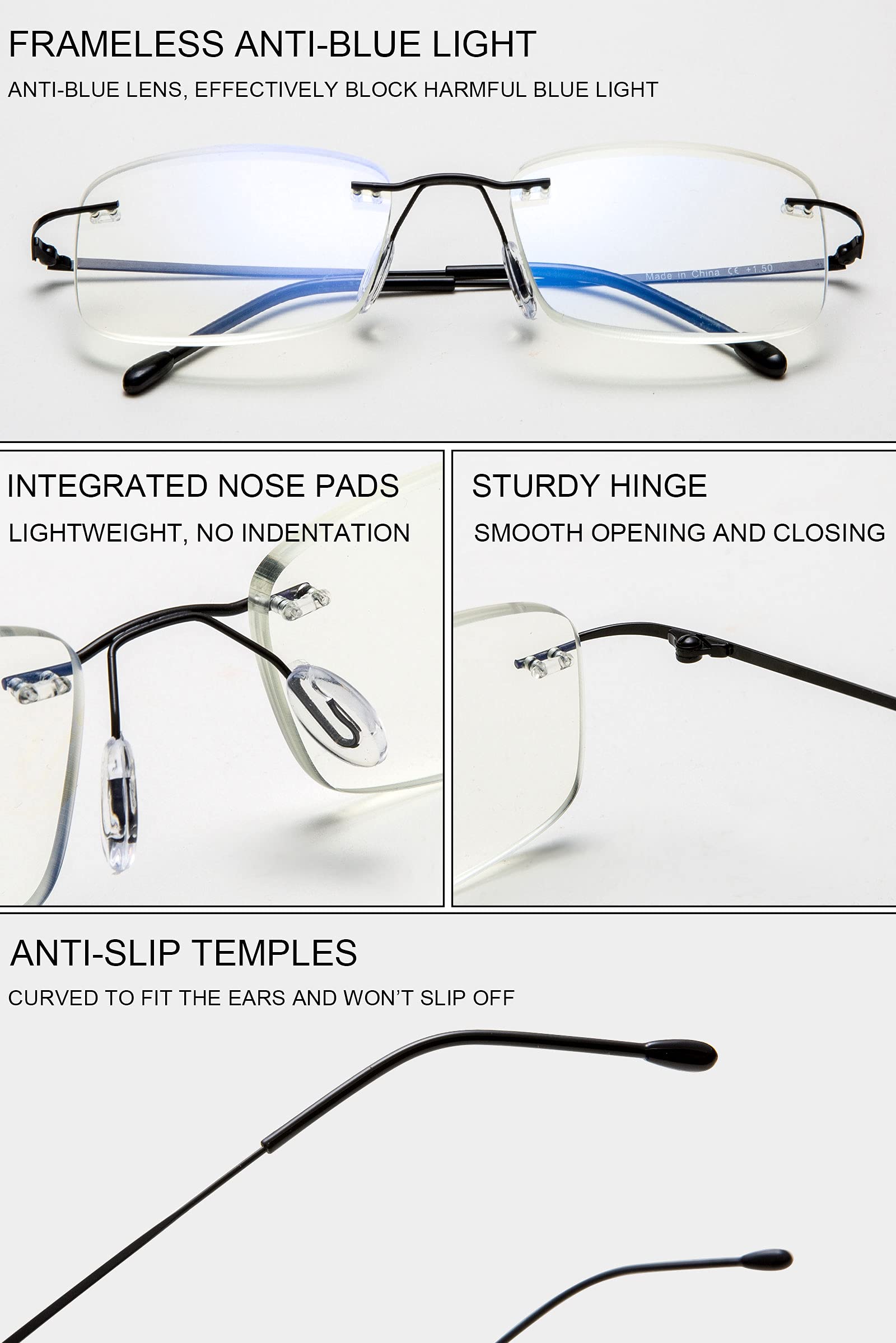 VEVESMUNDO Lesebrille Randlos Blaulichtfilter Titan Leicht Flexibel Modern Rahmenlos Lesehilfe Sehhilfe (1 Stück Grau, 0.0)