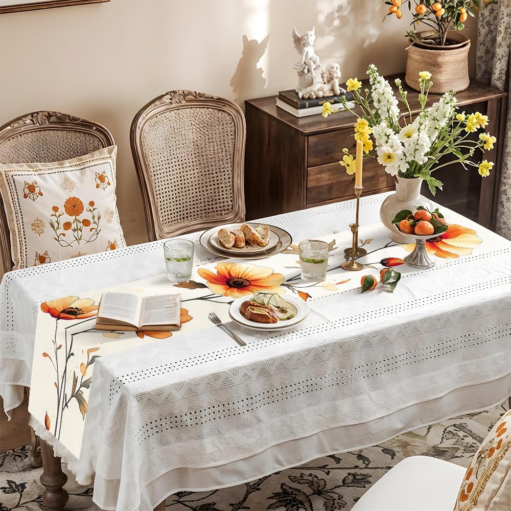 ANNA QUEEN Minimalist Floral Table Runner 13x72 Inch – Slim Orange and Yellow Flower Print – Elegant Fall Table Decor for Kitchen, Buffet, or Entryway