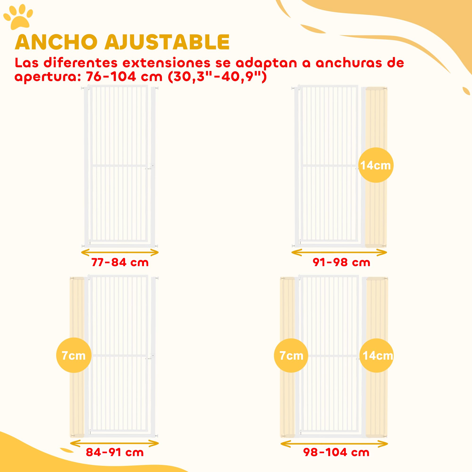 PawHut Barrera de Seguridad para Perros y Gatos Extra Alta 150 cm, Barrera para Perros Extensible 77-104 cm para Puertas y Escaleras, con Montaje a Presión, 2 Extensiones y Puerta de Paso, Blanco