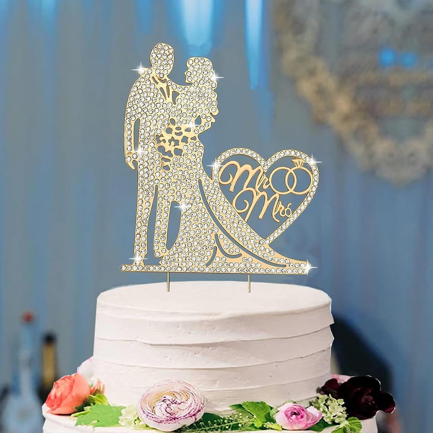 Cake Topper Boda Topper para Tartas de Mr & Mrs Novios Decoración de Tarta, Boda Adorno de pastel en Metal con Strass, para Bodas Compromisos Aniversarios de San Valentín, Oro (1pcs)