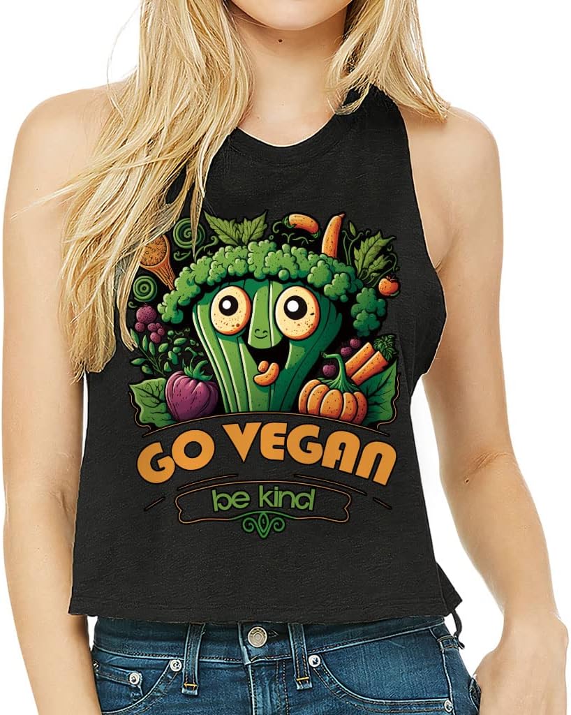 Go Vegan Be Kind Racerback Cropped Tank - Print Women's Tank - Cartoon Tank Top