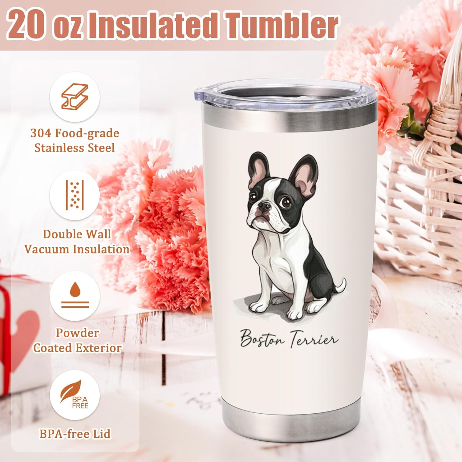 Lifecapido Boston Terrier Gifts for Women, Cute Boston Terrier 20 Oz Stainless Steel Insulated Tumbler with Lid & Straw, Christmas Birthday Mother's Day Dog Lover Gifts for Women Men Kids(Cream) - Image 3