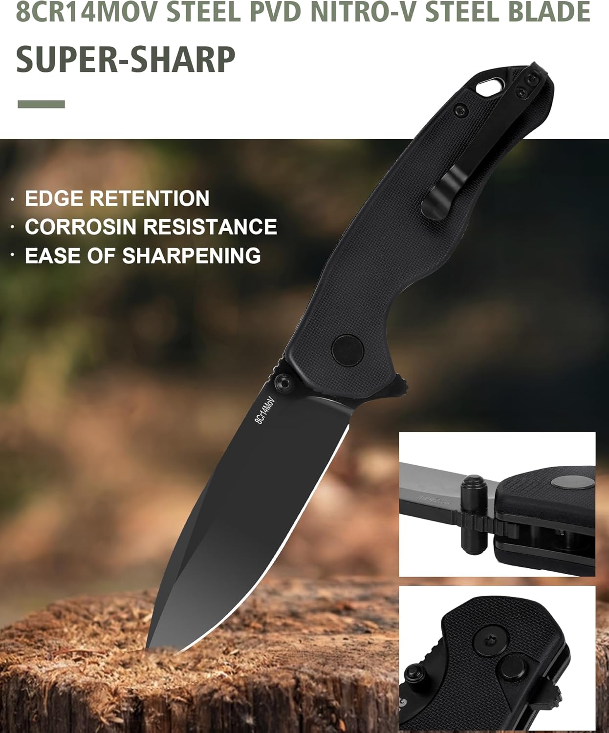 Pocket Folding Knife(EDC)- With 2.99” 8Cr14MoV Steel Blade and G10 Handle,- Lightweight Folding knives with Clip for Camping, Hiking, Hunting Survival Multi-Knife (Black)