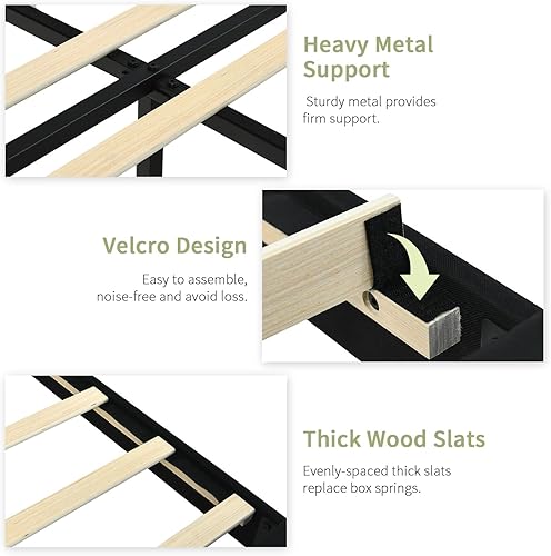 Miniatura 8 de Base de cama de tamaño matrimonial con cabecera ajustable, plataforma tapizada de tela de lino con listones de madera, no requiere somier, fácil