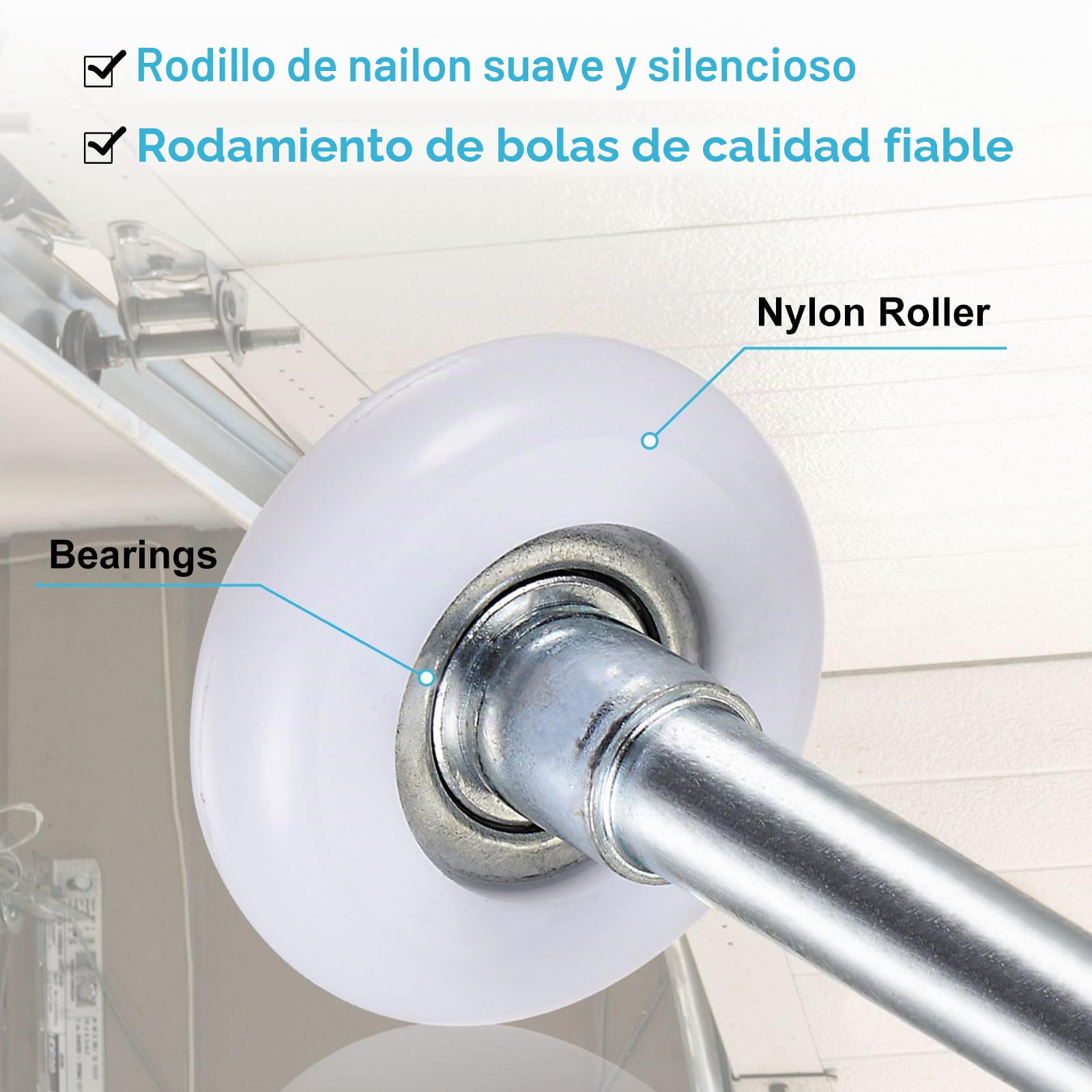 QUARKZMAN 10 Uds 1.8" Rodillos de Puerta de Garaje de Nylon Para 2" Riel de Garaje, 7" Vástago Largo Ruedas Silenciosas, Rodamiento de Precisión 6200Zz de 11 Bolas, Blanco