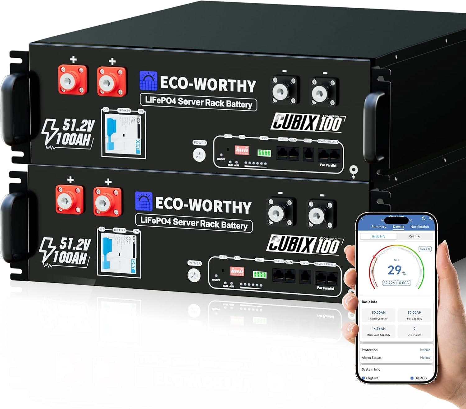 ECO-Worthy Cubix100 Batterie Lithium 48V 100 Ah*2 LiFePO4 Bluetooth avec BMS 100 A, 10,24 kWh 3U, avec Prise en Charge Can&RS485, pour système Solaire, système photovoltaïque