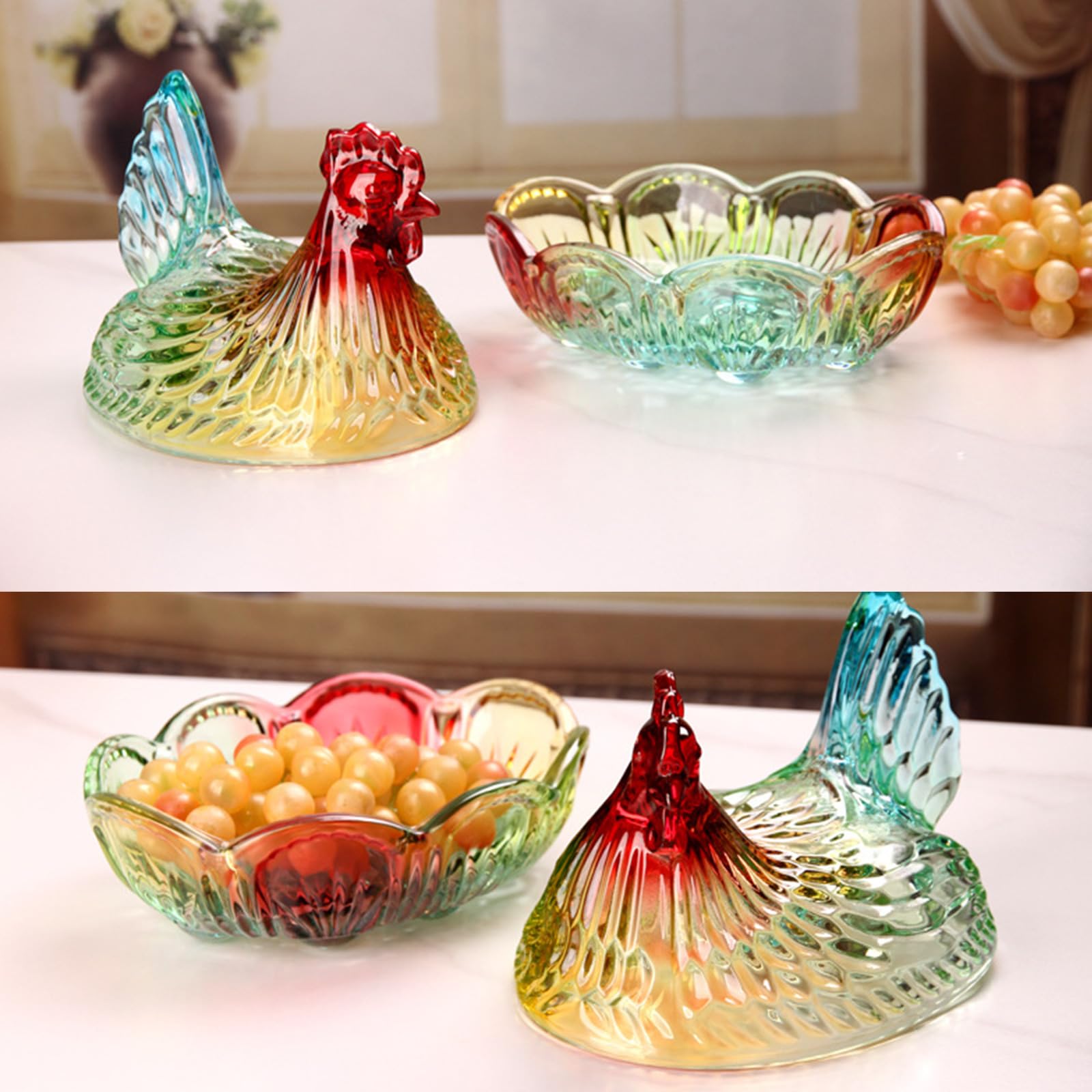 Greabuy Caja de caramelos de cristal para gallina en nido, tarros de dulces con tapa, plato de caramelo, decoración de mesa, plato de postre, plato de regalo de cristal para gallina