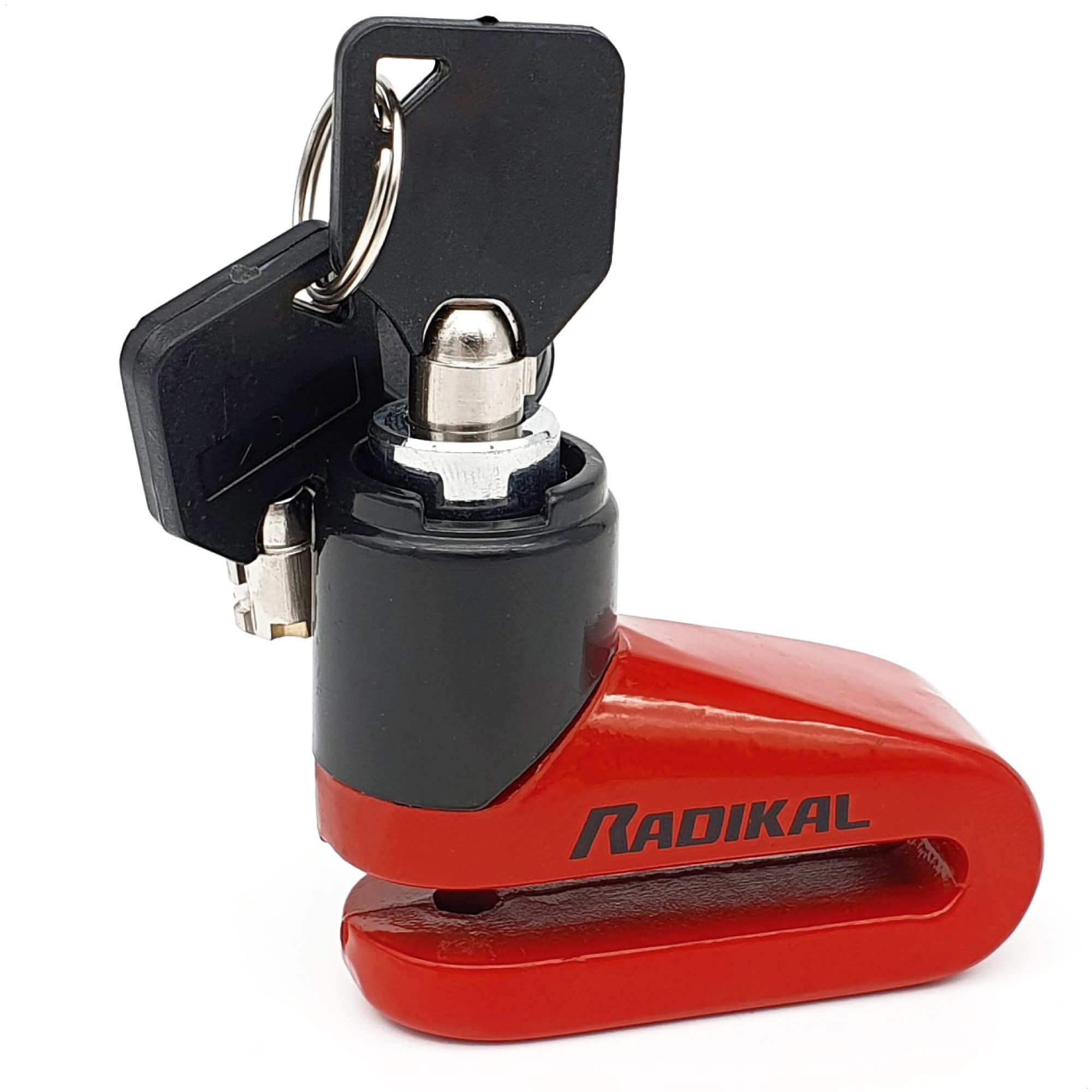 RADIKAL RK505R Candado Moto Disco, Más Compacto, Ligero y Portátil, Color Rojo Más Disuasorio,Cierre de Acero ø5,5mm, Antirrobo Bloqueo Pinza Disco Freno Moto, Bicicleta, Patinete Electrico